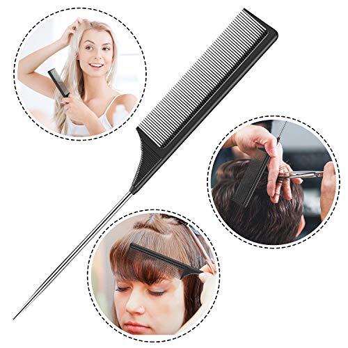 Leinuosen 2 Pcs Rat Tail Combs Steel Pin Carbon Fiber Teasing Hair | Heat Resistant Pintail, Metal Parting Tip for Sectioning, Professional Styling Comb, Salon Quality for Women Haircare