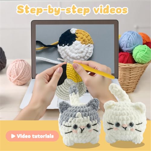 Linhao Jew Crochet Kit for Beginners – Cat Crochet Kit Keychain with Pre-Started Easy Yarn, Step-by-Step Video Tutorials for Adults DIY Crafts (Kitten) - color: kitten