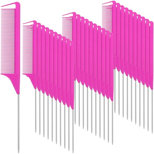 Patelai 30 Pcs Rat Tail Steel Combs Fine Tooth Bulk,Rose Red | Long Steel Pin Pintail Bulk for Salon Hair Stylists ,Hair Teasing Fine Tooth Comb for Women,Teasing Detangling Tools - color: Rose Red