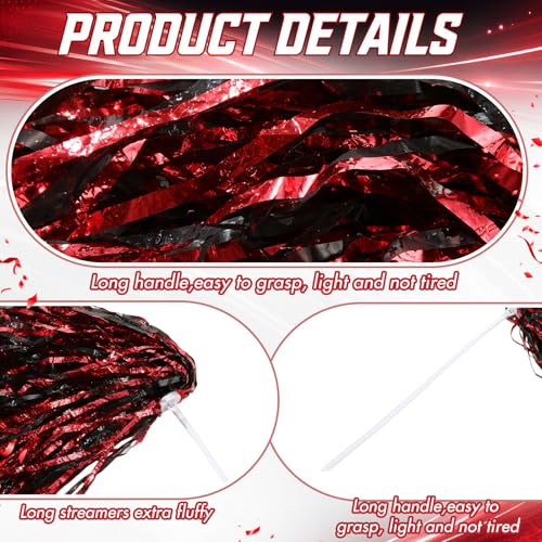 Vinsot 40 Pcs Cheerleading Pom Poms Bulk, Metallic Foil School Spirit Shakers Cheer Pom Poms with Plastic Long Handle for Soccer Basketball Sport Dance Team Squads Fan Celebration - color: Red Black Mix
