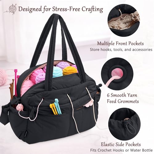 MYBAGZING Stylish Crochet Bag Organizer with Crochet Hook Case, Large Capacity Yarn Bag for Crocheting on the Go, Soft Quilted Crochet Tote with 7 Compartments, Knitting Project Carry-On Travel Gift - color: Black