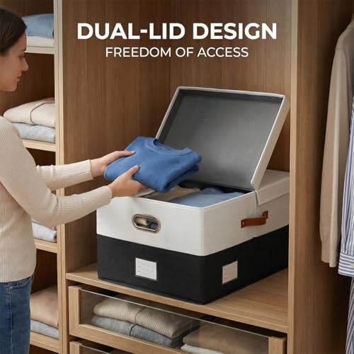 PRANDOM Storage Bins with Lids [3-Pack] Linen Fabric Foldable Storage Boxes Organizer Containers Baskets Cube with Cover for Bedroom Closet Office Grey&Black (23.4X15.9X11.4) - color: Black & White, size: XL(3-Pack)