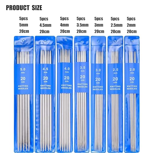 woshilaoDS 35pcs Double Pointed Knitting Needle Sets, 20 cm/7.8 inch Stainless Steel Metal Knitting Needles with Double Ended for Beginner, Sock Knitting Gauge 2 mm/2.5 mm/3 mm/3.5 mm/4 mm/4.5 mm/5 mm