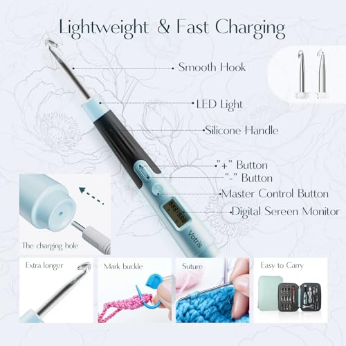 Votris 18 in 1 Counting Crochet Hooks, Light up Crochet Hook Set | Digital Stitch Counter 2.0-14.0mm, Rechargeable & Interchangeable Heads Lighted Crochet Hook, Ergonomic Handles for Beginner - color: Mint Green with Counter