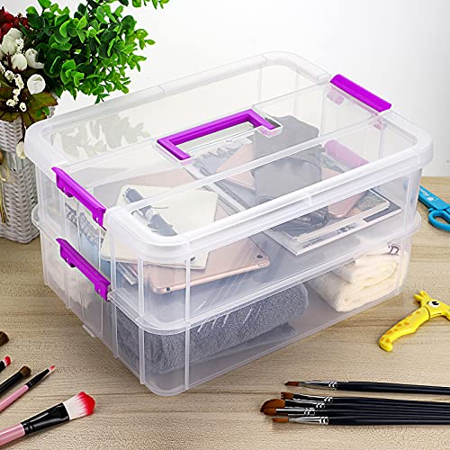 BTSKY 2 Layer Stack & Carry Box, Plastic Storage Container Box with Lid | Multipurpose Craft Organizers and Storage for Organizing Stationery, Sewing, Art Craft, Jewelry & Beauty Supplies, Purple - color: Purple