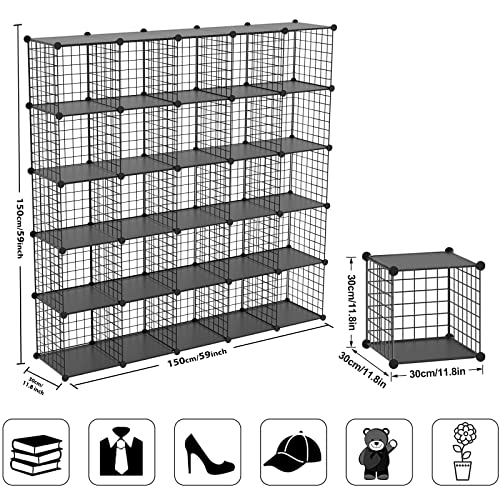 Wire Cube Storage Organizer, 25-Cube Metal Storage Shelves Bookshelf, Stackable Modular Closet Organizer for Bedroom Living Room, Office,Storage Shelves - color: Black Plus Iron, size: 25 Cubes