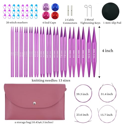 Hobekoee 13 Pairs Interchangeable Circular Knitting Needles Set | 3mm-10mm Interchangeable Aluminum Round Knitting Needles Set with 4 Memoryless Cables for DIY Knitting Lovers - color: Purple