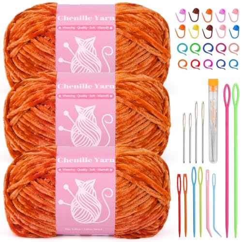 LUNARM Chenille Yarn for Crochet Knitting Chunky Blanket Velvet Yarn | 3 Pack 3.5oz/100g 486 Yard Orange Chenille Yarn for Beginners Knitting Scarves with Big Eye Needles Machine Washable - color: Fresh Orange
