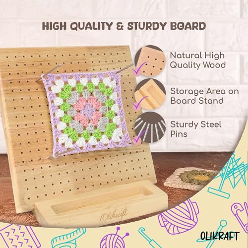 Olikraft Granny Square Blocking Board (9.5 Inch, 15 Pins, Stand) | Durable rubberwood build, evenly spaced 0.5 inch holes for perfect tension, secure hold from rust-resistant stainless steel - size: 9.5 inches, style: Standard - 15 pins