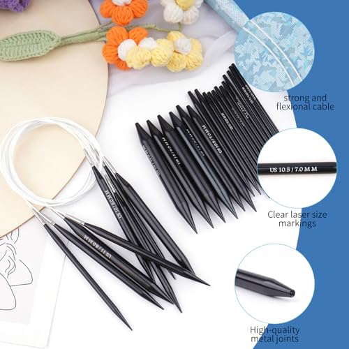 WAZAIGUR Women Interchangeable Black Aluminum Circular Knitting Needles Set | 3MM-10MM Indoor Outdoor Smooth Knitting Kit for Beginners/Enthusiasts - Suitable for Various DIY Knitting Projects - Gift - color: Black