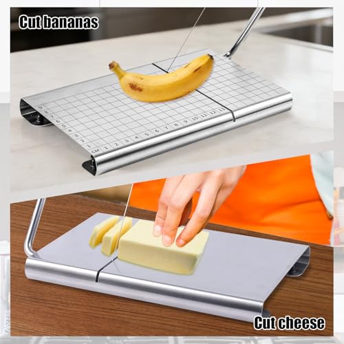 Penitue Cheese Slicer Board with 5 Replacement Wires, Stainless Steel Block Cheese Cutting Board Butter Slicing Cutter Kit with Measurement Grid Non-Slip Feet for Butter Fruits & Vegetables
