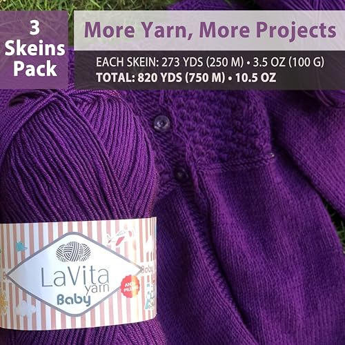 LaVita Baby Premium Anti-Pill Acrylic Yarn - 820 Yards, 3 x 3.5 oz - Warm, Airy Fiber with Silky Texture - Oeko-TEX Certified, Durable, Lightweight, Long-Lasting, Solid Pastel Colors - 3 Skeins Pack - color: Baby_8136