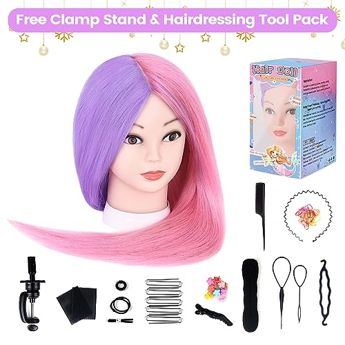 MYSWEETY Mannequin Head with Hair, Doll Head for Hair Styling, 26" Manikin head with 70% Real Human Hair Cosmetology Makeup Hairdressing Training Head with Clamp Holder and Tools - color: Purple & Pink