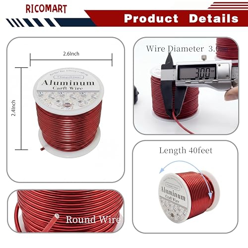 9 Gauge Aluminum Craft Wire Red 40FT 3mm, Jewelry Making, Flexible Bendable Armature Wire for Sculpting, Floral Crafts, Metal Wire Wrapping, DIY Art Projects & Wreath Making - color: Red, size: 9gauge