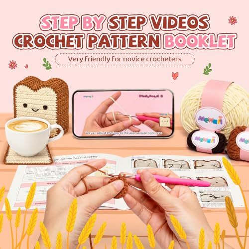 Mewaii Crochet Kit for Beginners, 6 Pack Toast Coaster Craft Set | 40% Extra Yarn, Video Tutorial, Pre-Started Piece, Beginner Friendly, Family Craft Gift for Adults & Kids - color: White