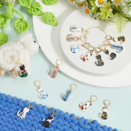 SUNNYCLUE 1 Box 8 Styles Cute Stitch Marker Cat Crochet Markers Enamel Print Cats Locking Clasps Rings Knitting Charms for Jewelry Making Charms Handmade Accessories Weaving Supplies Women Adult Gifts - style: Cat 4