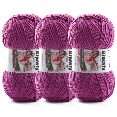 Skinny Chenille Yarn for Crocheting and Knitting - 3 Pack of 100g/317yds Ultra Soft Fluffy Plush Velvet Yarn - #2 Crochet Yarn for Amigurumi, Blankets, Plush Dolls, Baby Clothes (3, Violet) - color: Violet