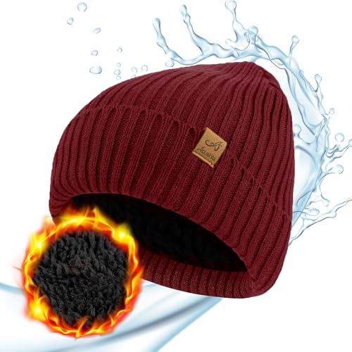 ACUSHLA Waterproof Windproof Winter Hat for Men Women Fleece-Lined Beanie - color: Red