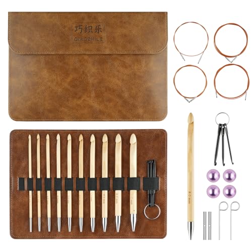 Bamboo Interchangeable Tunisian Crochet Hooks Set, 6-Inch Hooks with Cables | US E-4 to N-15, Warm Bamboo, Smooth Finish, Interchangeable Cables (16/24/32/40"), Ergonomic Grip, Tunisian & Afghan Projects