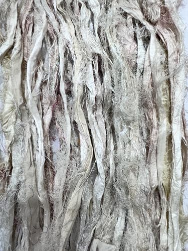 Maker's Craft Recycled Fuzzy Fringes Sari Silk Ribbon Yarn 35yards, 100Grams For DIY Knitting Crocheting Gift Wrapping, Christmas Decoration, Macrame Makers, Jewelry Making, RugsHooking (NaturalWhite) - color: NaturalWhite