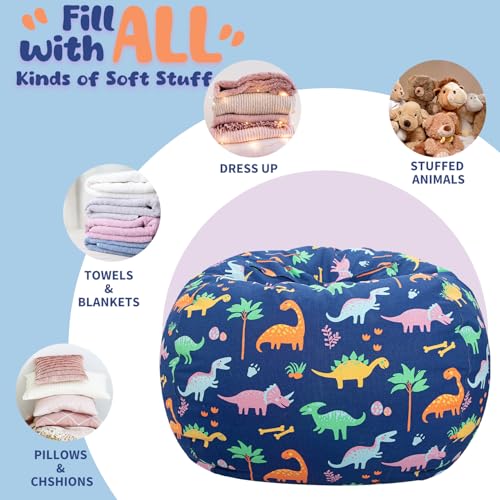 WEKAPO Stuffed Animal Storage Bean Bag Chair Cover for Kids | Stuffable Zipper Beanbag for Organizing Children Plush Toys Large Premium Cotton Canvas (Dinosaur, XX-Large) - color: Dinosaur, size: XX-Large