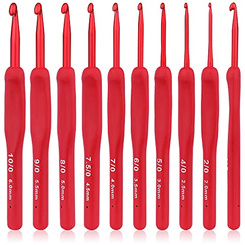 Coopay Red Crochet Hooks, Soft Crochet Hook Set for Arthritic Hands | 9pcs 2.0-6.0mm Soft Touch Crochet Needles Ergonomic Soft Grips for Beginners/Professionals, Exquisite Crocheter Gifts - color: Red