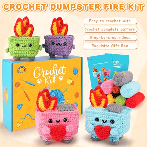 Crochet Kit for Beginners, 4PCS Dumpster Fire Crochet Starter Kit | Emotional Positive Support Beginner Crochet Kits for Adults Kid, w/ Step-by-Step Video Tutorials, Crochet Gifts - color: Blue Pink Purple Green