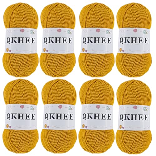 QKHEEYarn for Crocheting and Knitting 8 * 1.76 Oz (50G) /195yd,Fine/Fingering Weight (1), 60% Cotton 40% Acrylic Soft Yarn kit for Making Granny Squares and amigurumi (48#Gold) - color: Gold