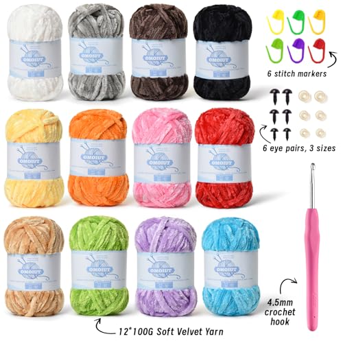 12 Pack 590 (yd) Chunky Chenille Yarn for Crocheting and Hand Knitting with Black Red White Green Yellow Orange Plush Velvet Yarn，Baby Blanket Yarn for Crocheting Soft Amigurumi Yarn - color: A