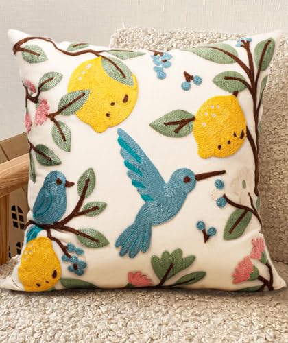 Embroidered Throw Pillow Cover 20x20 Inch, Bird Lemon | Decorative Pillow Cover, Farmhouse Cushion Case with Hidden Zipper, Cottagecore Decor for Couch, Sofa, Living Room, Bedroom - color: Bird Lemon, size: 20" x 20" (Pack of 1)