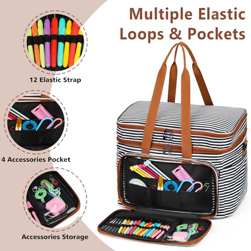 Crochet Organizer Bag with Yarn Holder, Large Yarn Storage for Accessories | 3PCS Crochet Knitting Bag with Accessory Pouch for Hooks, Needles, Travel Tote, Crochet Lovers, Gift for Crafters, No-Tangle - color: Black Stripes