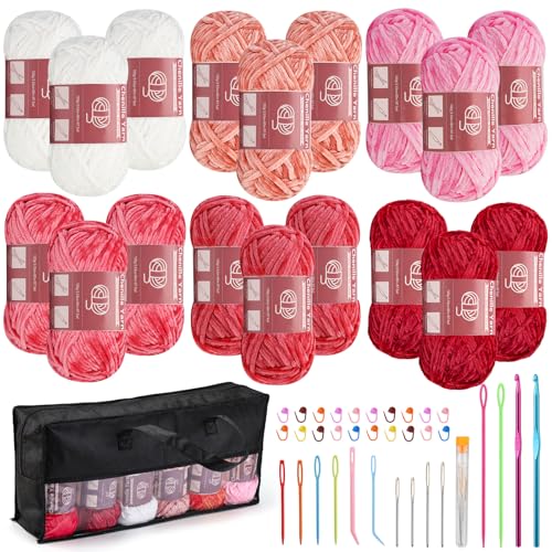LUNARM Chenille Yarn for Crochet Knitting Chunky Blanket Velvet Yarn | 18 Pack 100g/3.5oz Pink Series Thick Soft Yarn for Beginners Knitting Fluffy Weaving Plush Scarves with Big Eye Needles - color: 18 Skeins-Pink Series