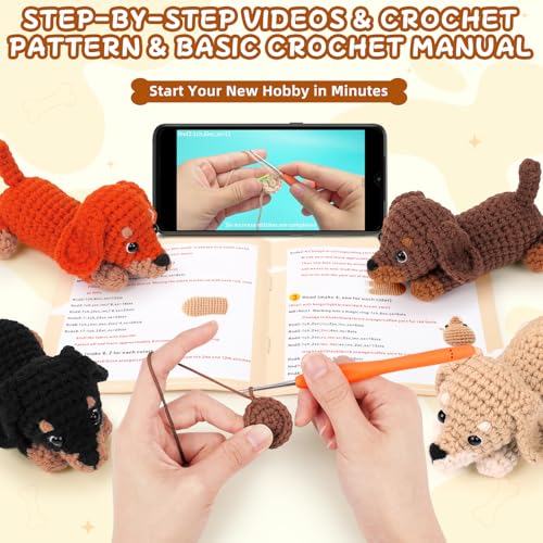 Crochet Kit for Beginners Adults, 4 PCS Dachshund Puppy Crochet Kits | w/ Step-by-Step Video Tutorials, Beginner Crochet Kit for Adults, Crochet Animal Kit, Creative Crochet Gift for Dog Lovers - color: dachshund puppy