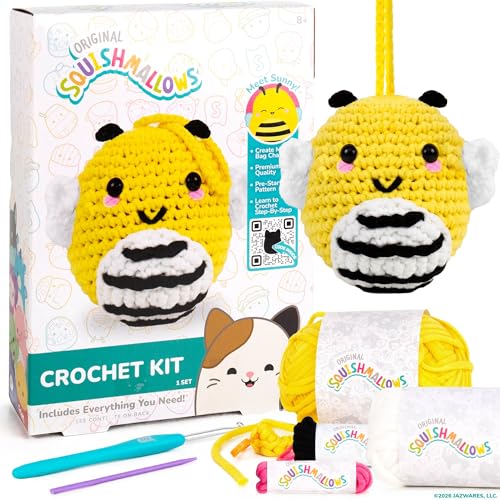 Original Squishmallows™ Crochet Kit – Sunny Bag Charm, Bumblebee Crochet Kit for Beginners with Yarn, Starter Hooks, Step-by-Step Tutorials, DIY Craft, Great Teen Gifts - color: Squishmallows Sunny