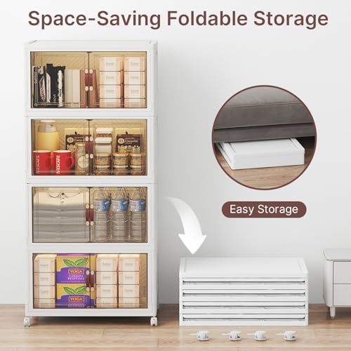 UAMFURI Stackable Storage Bins with Lids, 192QT Lockable Storage Cabinet | Folding Storage Box with Doors and Wheels, Collapsible Plastic Drawers for Home, Garage, Office - color: White, size: Medium