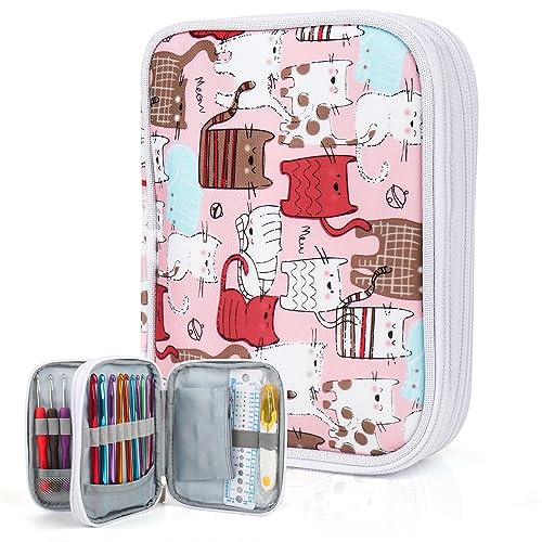 Katech Crochet Hooks Case Empty Zipper Bags Portable Travel Crochet Storage Bag Organizer with Web Pocket and Crochet Holder Slots for Carrying Various Crochets Needles (Pink) | Travel Crochet Storage Bag Organizer with Web Pocket and Crochet Holders Slot
