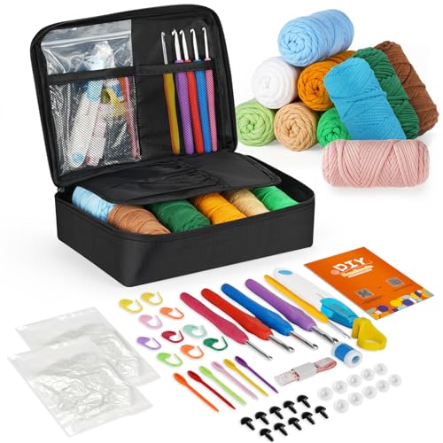 iptek Crochet Kit for Beginners Adults，Crochet Yarn for Beginners, 10colors Total Crochet Yarn Kits with Easy-to -See Stitches，Includes Basic Stitch Guide and extensive amigurumi Video tutorials. - color: black