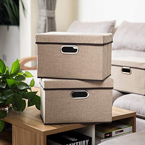 PRANDOM Collapsible Storage Containers with Lids [5-Pack] Jute Fabric Foldable Storage Bins Boxes Organizer Baskets Cube with Cover for Home Bedroom Closet Office Nursery (14.9x9.8x9.8) - color: Khaki, size: M(5-Pack)