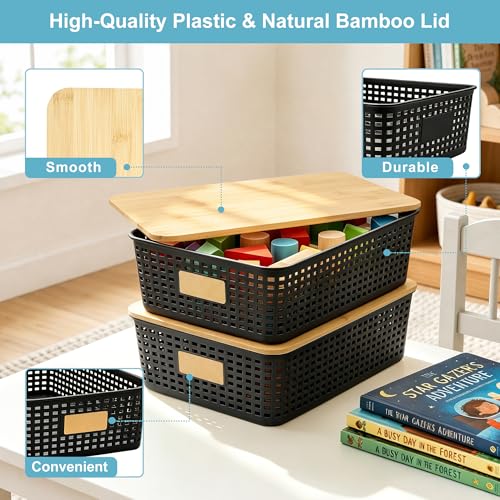 Bagnizer 4 Pack Plastic Storage Bins with Bamboo Lids, 6.2qt Stackable Storage Organizer Box with Lable for Pantry Shelves Drawers Desktop Office, 12"L x 8.3"W x 3.5"H, Black - color: Black, size: Shallow- 4 Pack