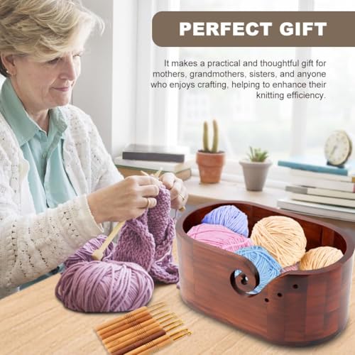 Oval Wooden Yarn Bowl,Knitting Yarn Bowl Holder with 9pcs Crochet Hooks,Large Yarn Storage Bowl for DIY Knitting & Crocheting Accessories Kit,Preventing tangles (11.3x4.7 inch)