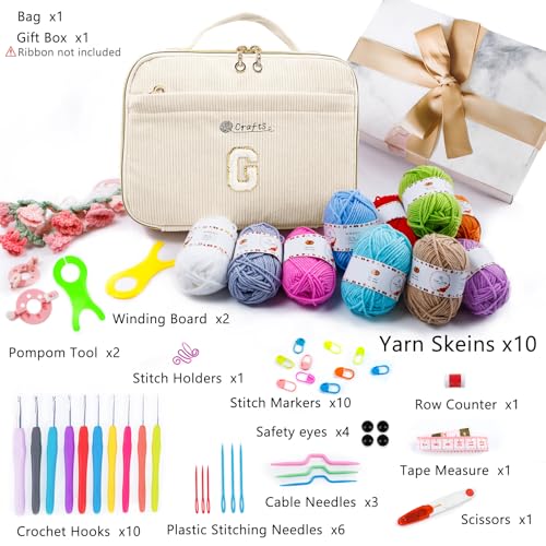 MYBAGZING Initial Crochet Kit for Beginners with Yarn Storage Bag, 10pcs Crochet Hooks 2.0-6.0 mm, 10 Skeins Yarn for Crocheting, Knitting Accessories, 58pc Crochet Starter Kit for Adults - size: G