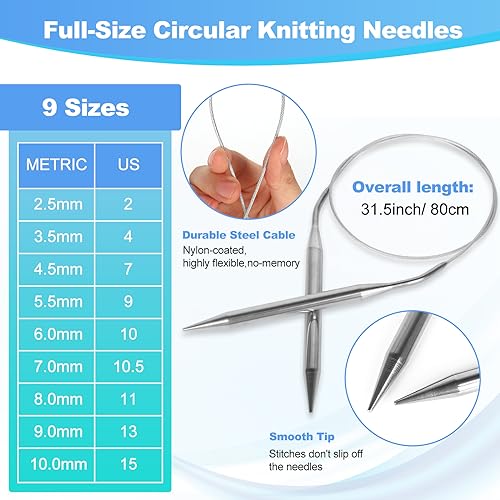 Katech Knitting Needles Set for Beginners, Complete Full Size Knit Needle | 9 Pairs Circular Knitting Needles Set and 22 Pcs Single Pointed Knitting Needle Set with Tote Bag Knitting Accessories - size: 9.8 inch（Single Pointed）