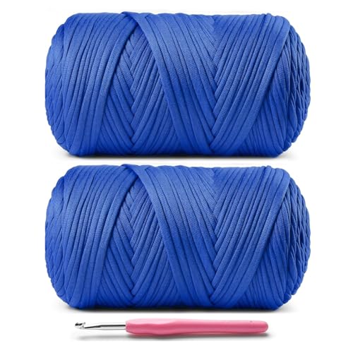 2 Pack Elastic Fabric T Shirt Yarn for Crocheting,Beginner Crochet Yarns with Polyester Spandex Blend,Total 800g/228yds Soft Tshirt Yarn for Crochet Crafts/Bags/Baskets (2 Sapphire Blue) - color: 2 Sapphire Blue