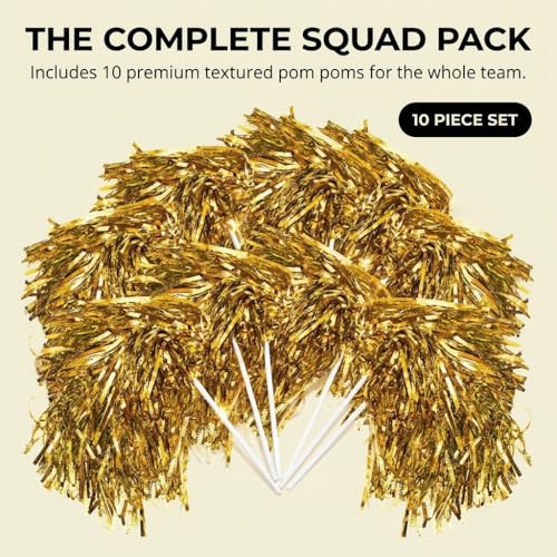Anderson's Metallic Gold Foil Textured Cheerleader Pom Poms- Pack of 10 | Anderson's Metallic Pom Pom School Spirit Shakers, Football, Basketball, Homecoming, Team Party, Dance Performance - color: Gold