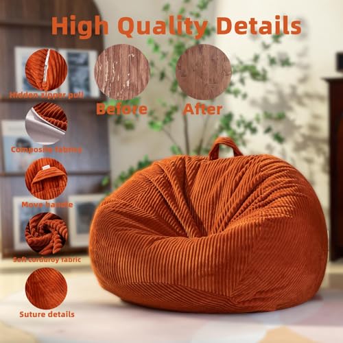 ZhenLives Stuffed Animal Storage Bean Bag Chair Cover, Cover Only (No Filler), Corduroy Toy Organizer Floor Cushion Seat, 48 in/120 cm Slipcover for Teens & Adults, Red - color: Coral Red, size: Adult (Cover Only）