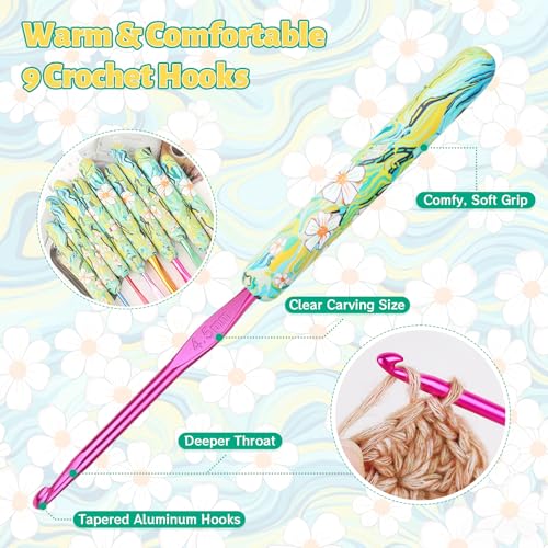 Coopay Warm Crochet Hooks Comfort Grip Longer Aluminum Crochet Hook Set | 9pcs 2.0mm-6.0mm(B-J) Smooth Crochets Needles Set for Crocheting, Green Daisy Soft Handle for Beginners and Arthritic Gifts - color: Green Daisy