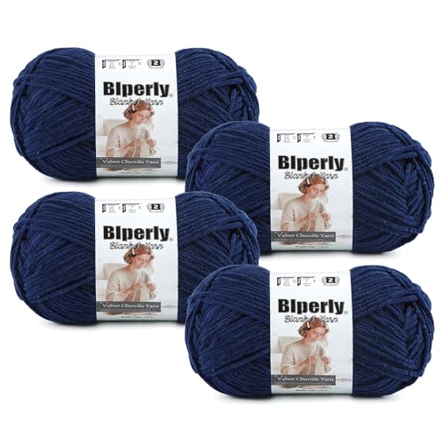 Skinny Chenille Yarn for Crocheting, #2 Blue Thin Baby Blanket Plush Yarn | 4 Pack of 158 Yds, 1.7 Oz Sport Fingering Weight Fine Yarn, Soft Fluffy Velvet Yarn for Crochet knitting Blankets, Amigurumi - color: Navy Blue