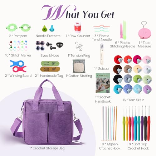 Lewhoo Crochet Kits for Beginner Adults, All Inclusive Crochet Set | with 9 Size Crochet Hooks, Afghan Crochet Needles 2.0-6.0mm, 1136 Yards Yarn Skeins Balls,Knitting Kits Storage Organizer - color: Purple