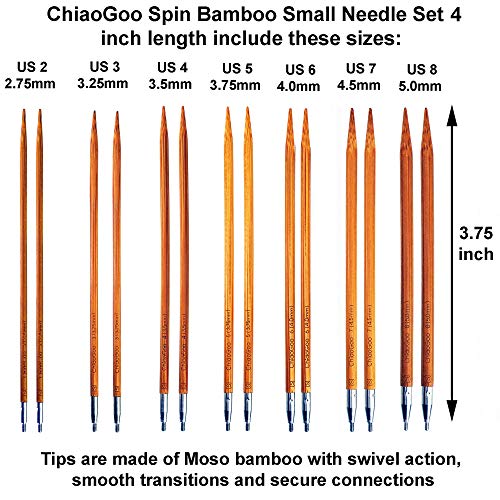 ChiaoGoo Spin Bamboo 4-inch Small 2400-S Interchangeable Set | US 2, 3, 4, 5, 6, 7, 8, Circular Knitting Needles, Stainless Steel Join, 3 Swiv360 Cables, Project Bag