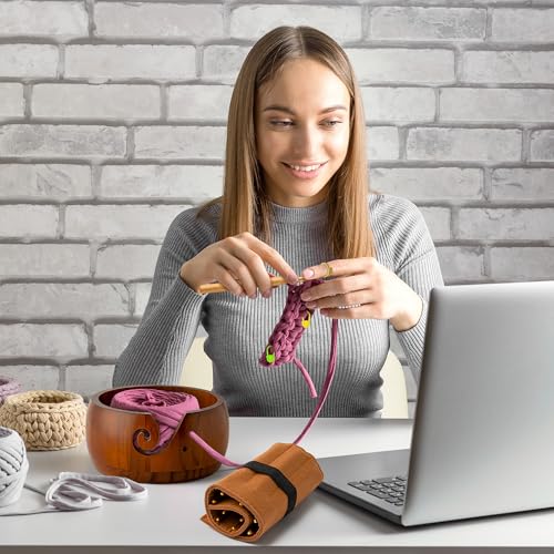 WATINC Wooden Yarn Bowl Holder Set - Large Crochet Yarn Storage Bowls with 9pcs Metal Knitting Hooks, Adjustable Loop Ring Stitch Markers with Box Crochet Gifts for Knitters Crocheters (Dark Brown - color: Dark Brown